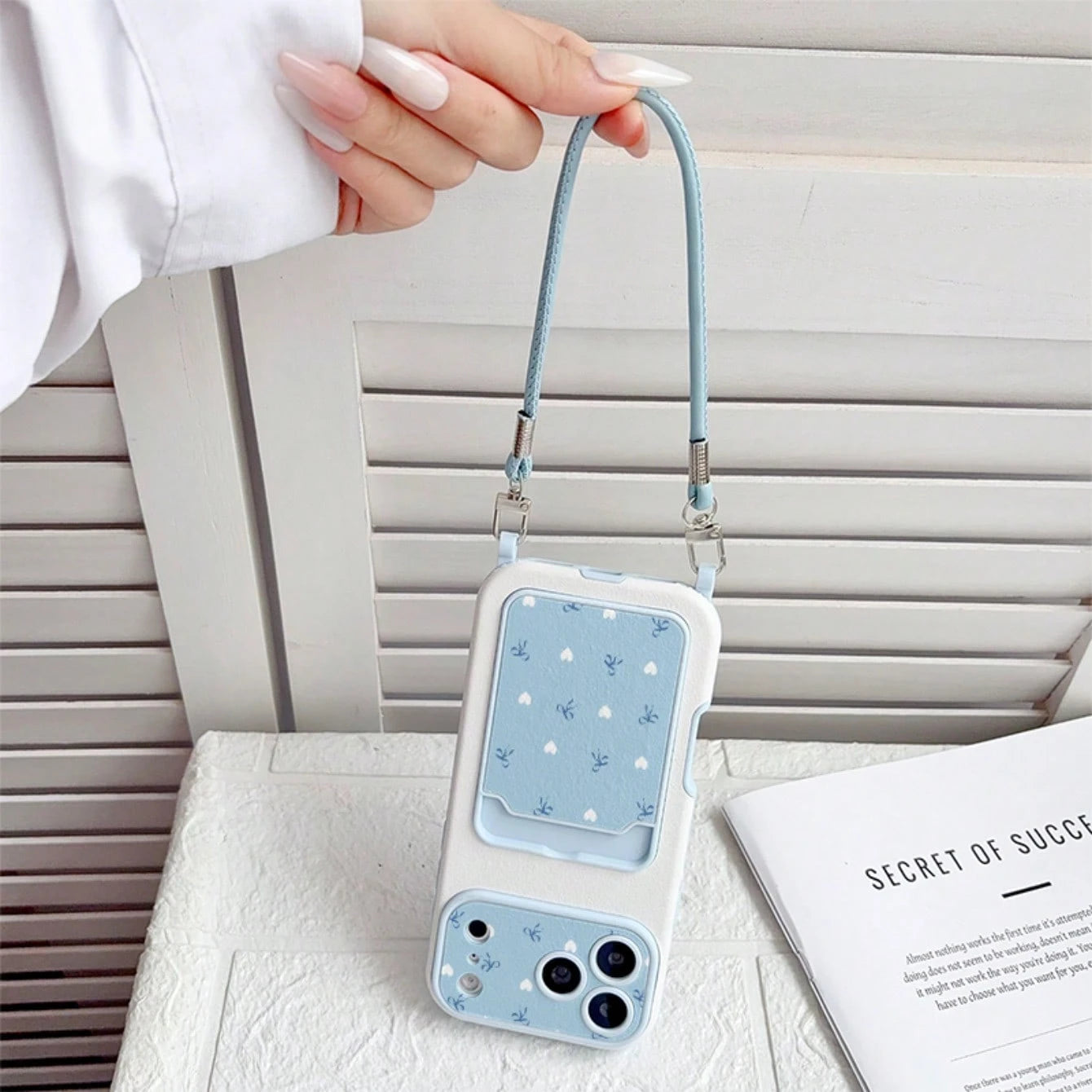 Minimalist Milk Blue Heart Bow Card Holder Phone Case, Soft Gentle Fresh Contrast Color Leather Texture With Wrist Strap Full Coverage Anti-Drop Soft Shell, Korean Style Ins Light Blue Polka Dot Bow C