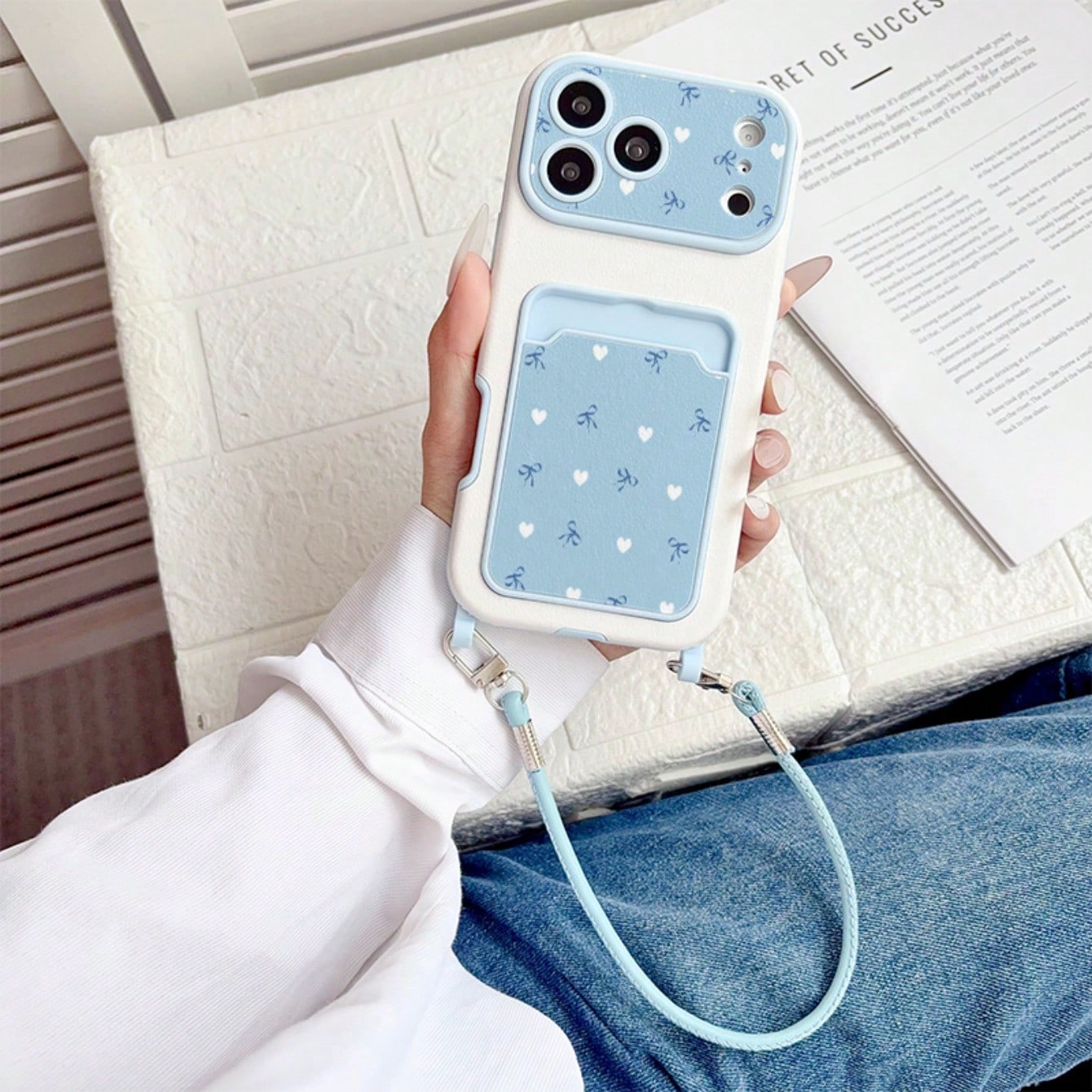 Minimalist Milk Blue Heart Bow Card Holder Phone Case, Soft Gentle Fresh Contrast Color Leather Texture With Wrist Strap Full Coverage Anti-Drop Soft Shell, Korean Style Ins Light Blue Polka Dot Bow C