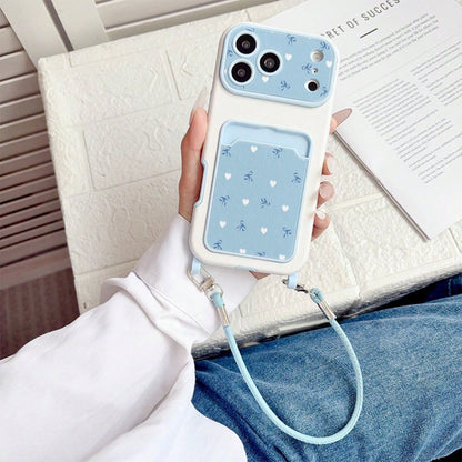 Minimalist Milk Blue Heart Bow Card Holder Phone Case, Soft Gentle Fresh Contrast Color Leather Texture With Wrist Strap Full Coverage Anti-Drop Soft Shell, Korean Style Ins Light Blue Polka Dot Bow C
