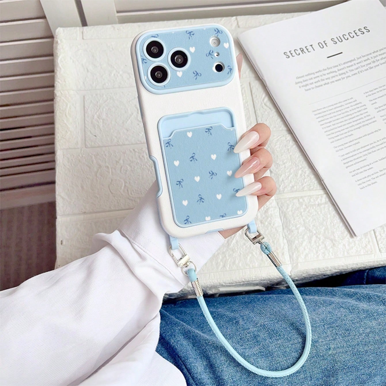Minimalist Milk Blue Heart Bow Card Holder Phone Case, Soft Gentle Fresh Contrast Color Leather Texture With Wrist Strap Full Coverage Anti-Drop Soft Shell, Korean Style Ins Light Blue Polka Dot Bow C