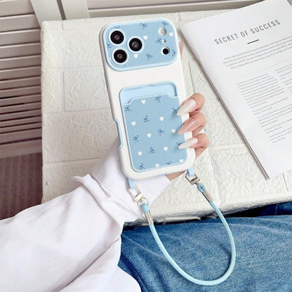 Minimalist Milk Blue Heart Bow Card Holder Phone Case, Soft Gentle Fresh Contrast Color Leather Texture With Wrist Strap Full Coverage Anti-Drop Soft Shell, Korean Style Ins Light Blue Polka Dot Bow C