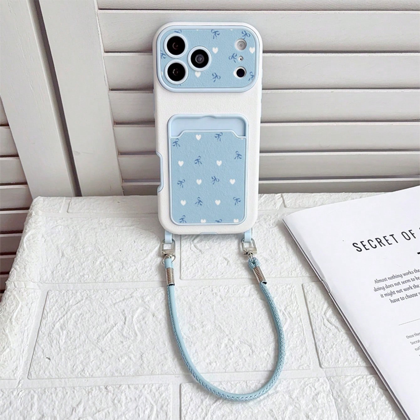 Minimalist Milk Blue Heart Bow Card Holder Phone Case, Soft Gentle Fresh Contrast Color Leather Texture With Wrist Strap Full Coverage Anti-Drop Soft Shell, Korean Style Ins Light Blue Polka Dot Bow C
