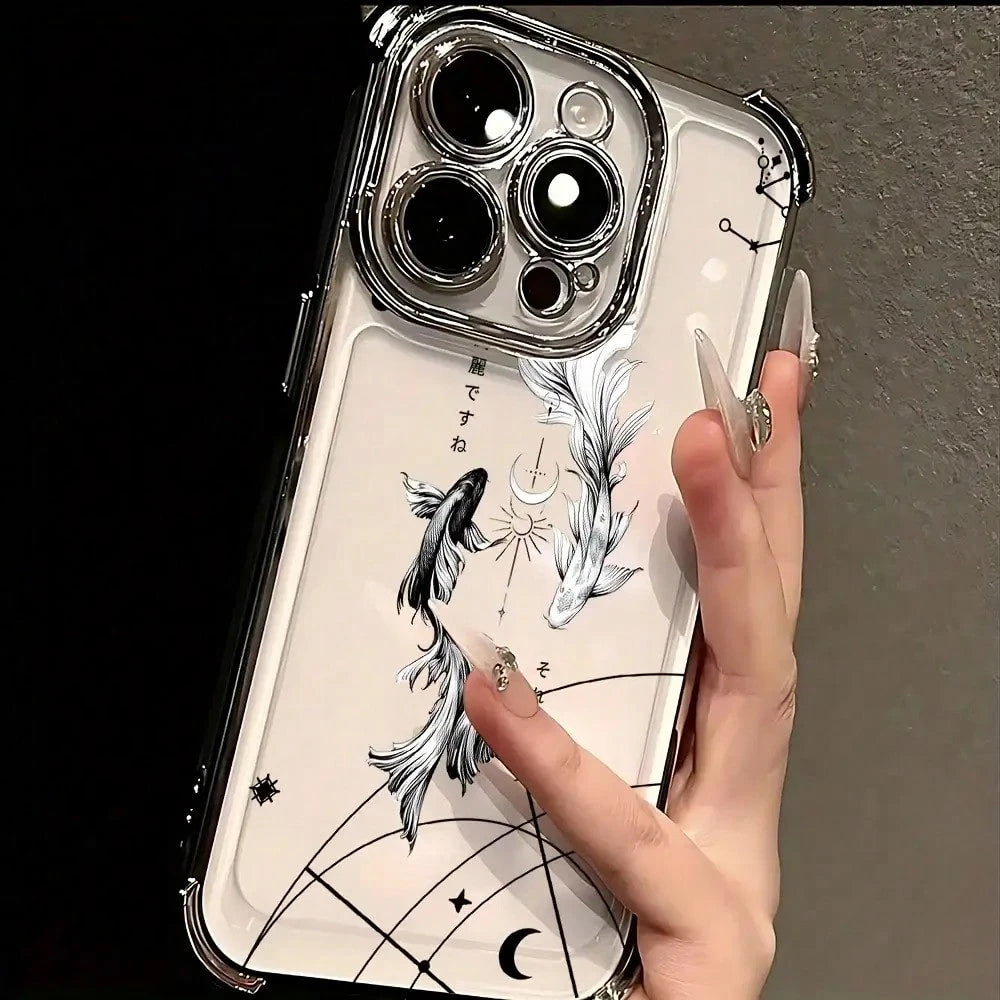 Minimalist Yin Yang Koi Fish Phone Case Compatible With IPhone 17 Air 16, 15, 14, 13, 12, 11 Pro Max, X, XR, XS Max, 8, 7 Plus- Shockproof Transparent Soft Gel Protective Cover, Daily Use Case, Minima