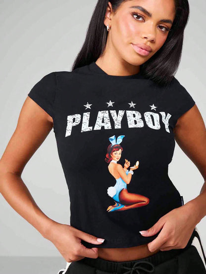 Missguided x Playboy Oversized Baby Tee Graphic Print Classic Fitted Short Sleeve Top Pin Up Girl Retro Style Stars Pattern Summer Club Casual Party Crop Style Tshirt