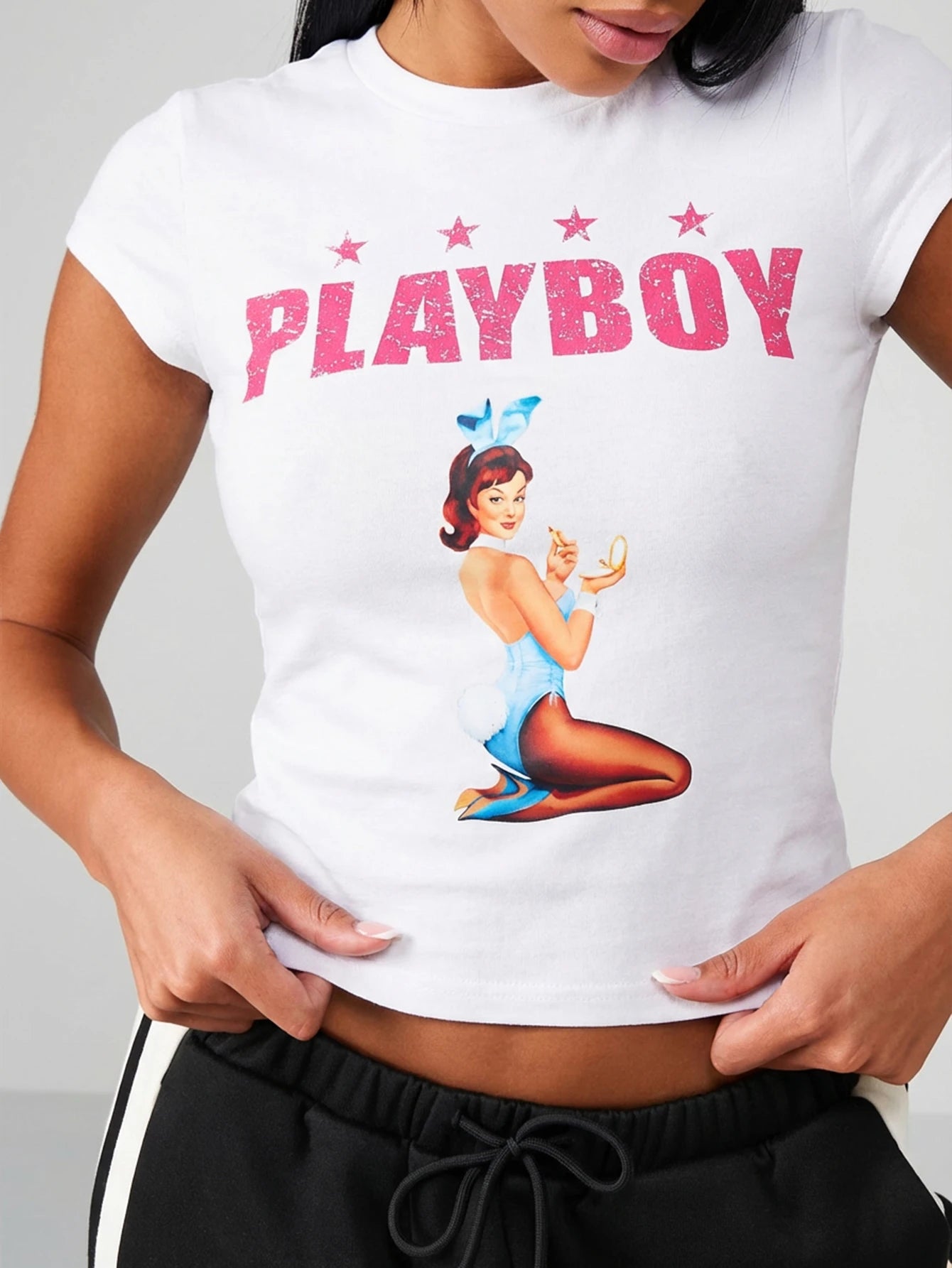 Missguided x Playboy Oversized Baby Tee Graphic Print Classic Fitted Short Sleeve Top Pin Up Girl Retro Style Stars Pattern Summer Club Casual Party Crop Style Tshirt