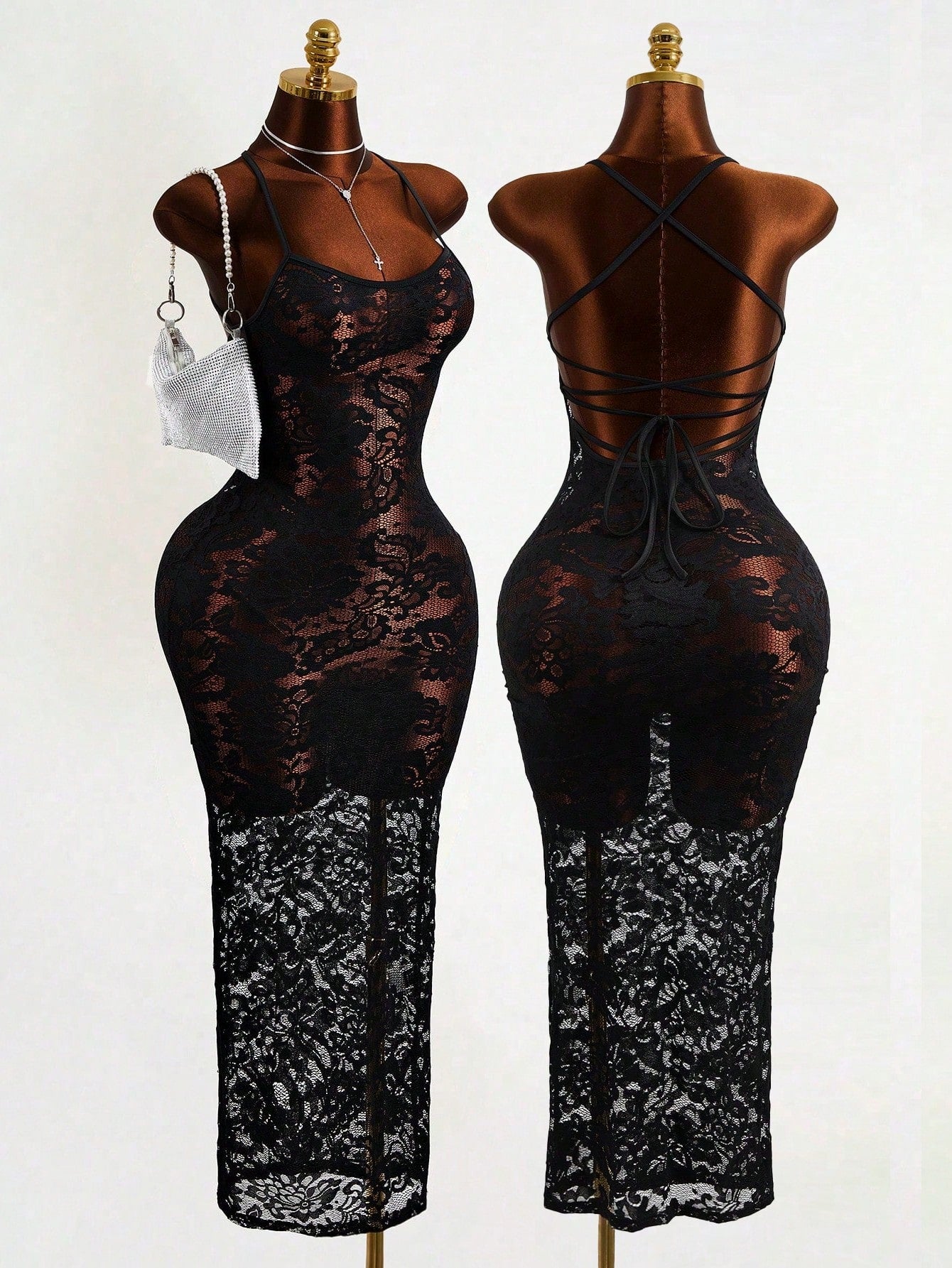 Mistrie Black Floral Lace Long Dress-Spaghetti Straps-Transparent Sexy Long Dress