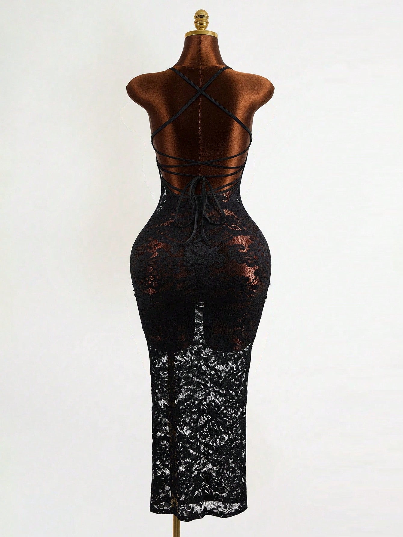 Mistrie Black Floral Lace Long Dress-Spaghetti Straps-Transparent Sexy Long Dress