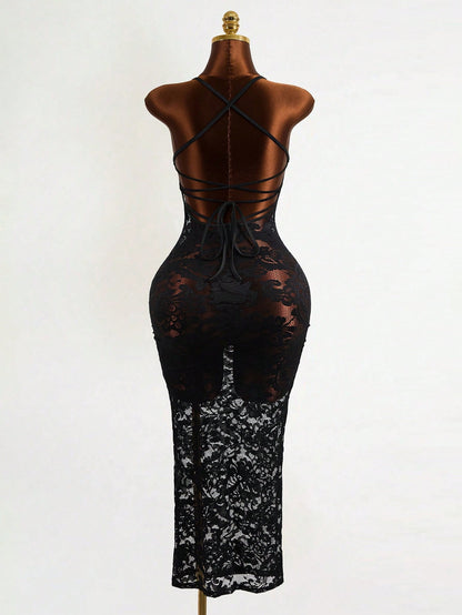 Mistrie Black Floral Lace Long Dress-Spaghetti Straps-Transparent Sexy Long Dress