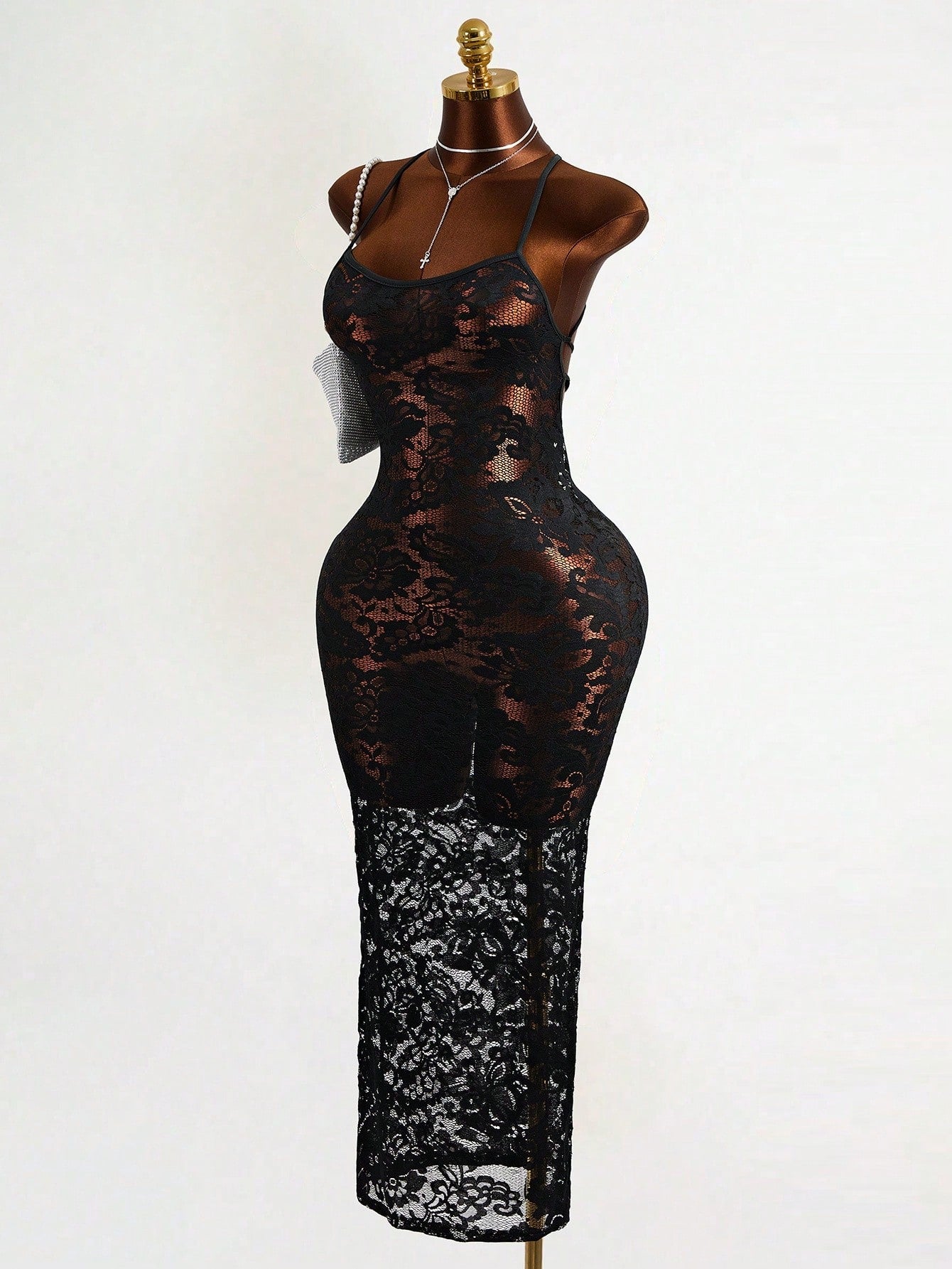 Mistrie Black Floral Lace Long Dress-Spaghetti Straps-Transparent Sexy Long Dress
