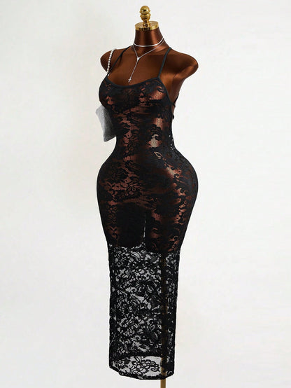Mistrie Black Floral Lace Long Dress-Spaghetti Straps-Transparent Sexy Long Dress