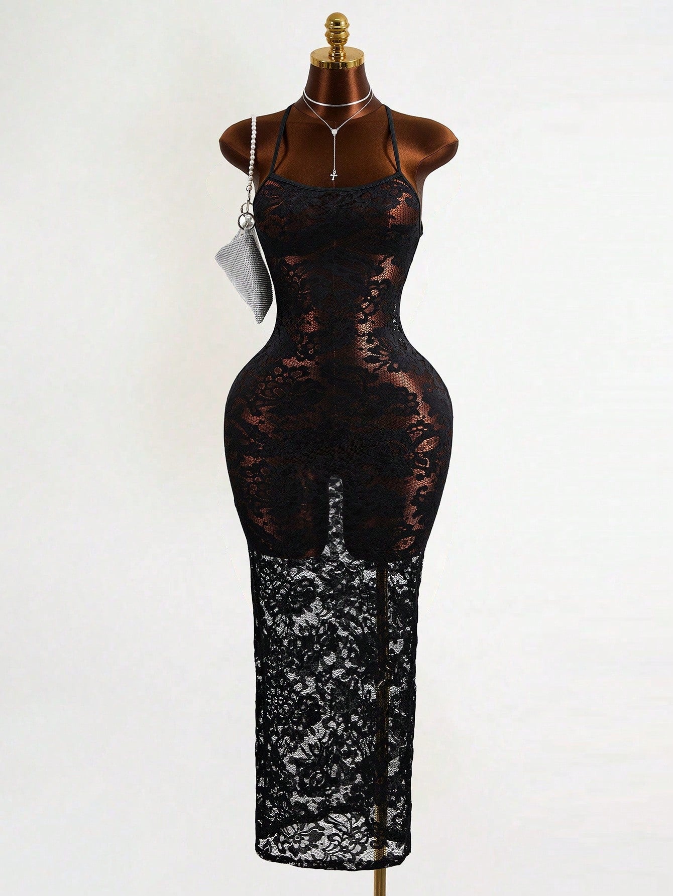 Mistrie Black Floral Lace Long Dress-Spaghetti Straps-Transparent Sexy Long Dress