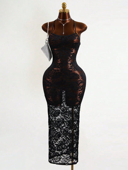 Mistrie Black Floral Lace Long Dress-Spaghetti Straps-Transparent Sexy Long Dress