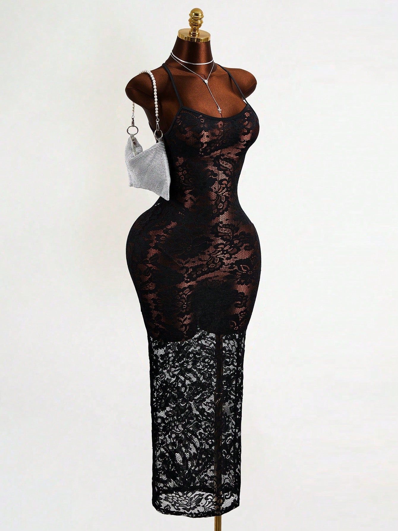Mistrie Black Floral Lace Long Dress-Spaghetti Straps-Transparent Sexy Long Dress