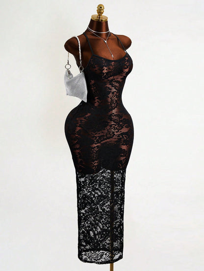 Mistrie Black Floral Lace Long Dress-Spaghetti Straps-Transparent Sexy Long Dress