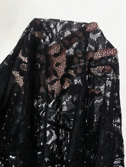 Mistrie Black Floral Lace Long Dress-Spaghetti Straps-Transparent Sexy Long Dress