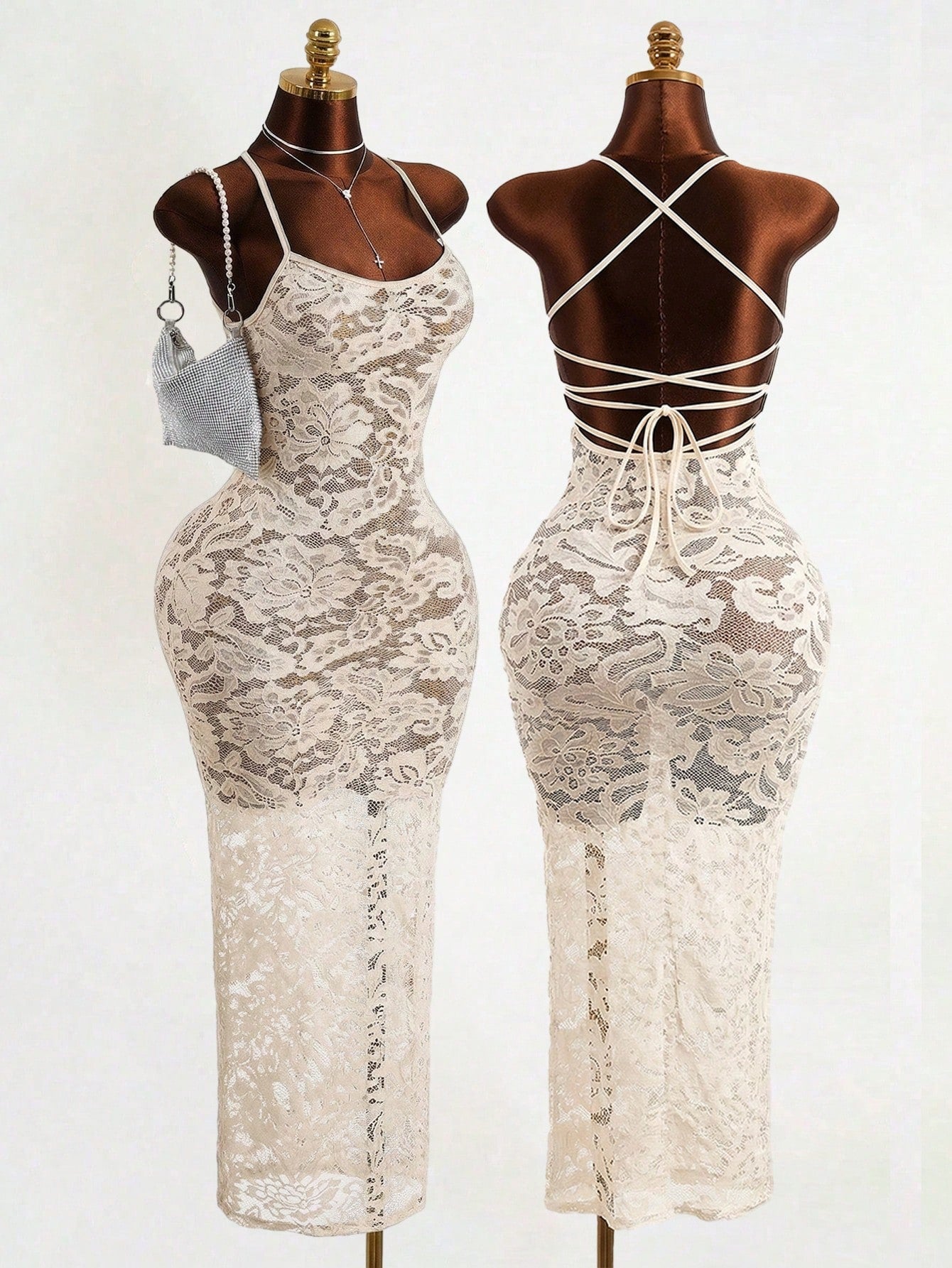 Mistrie Black Floral Lace Long Dress-Spaghetti Straps-Transparent Sexy Long Dress