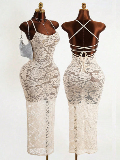 Mistrie Black Floral Lace Long Dress-Spaghetti Straps-Transparent Sexy Long Dress
