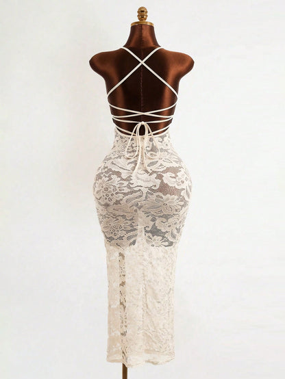 Mistrie Black Floral Lace Long Dress-Spaghetti Straps-Transparent Sexy Long Dress