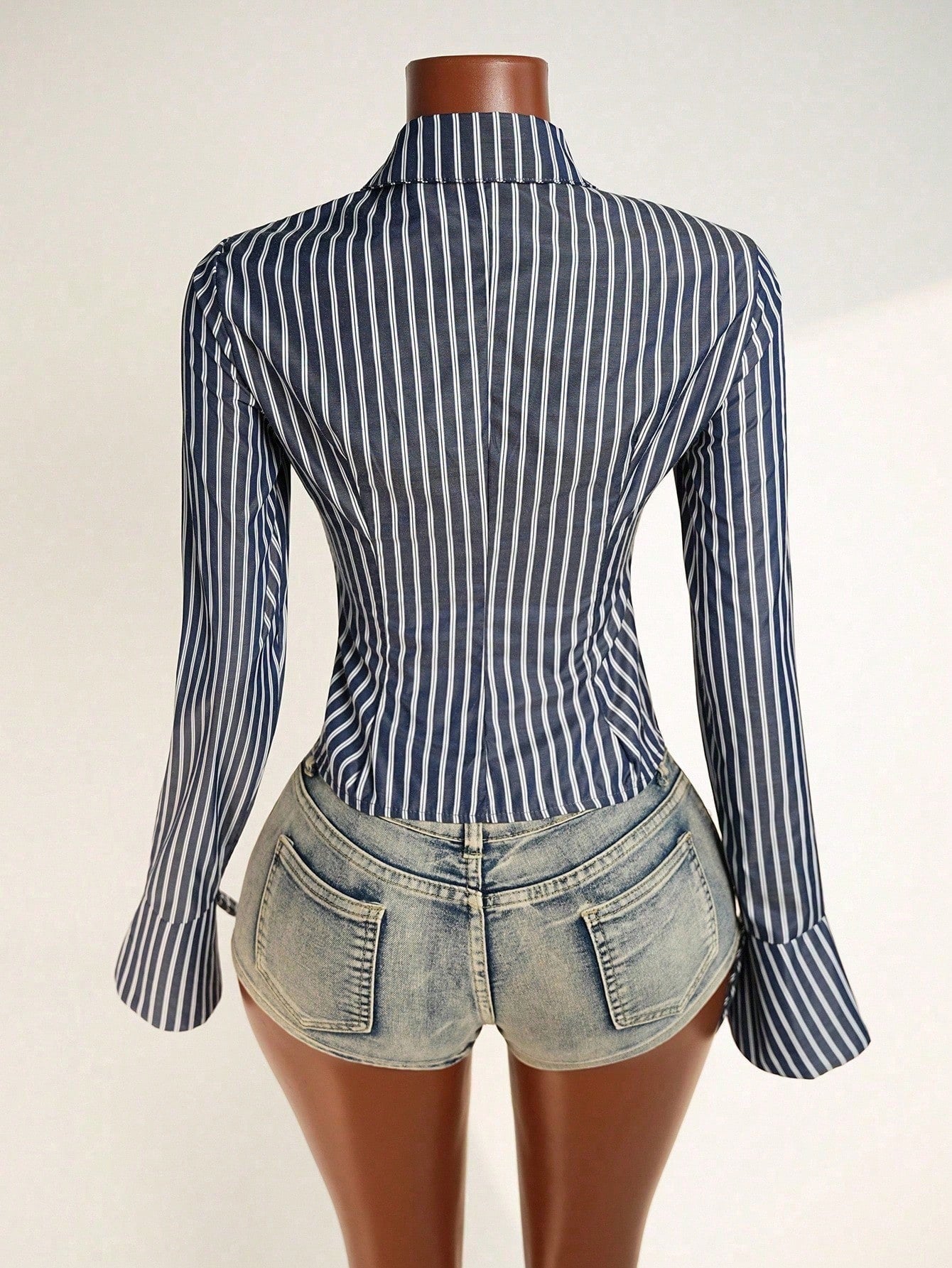 Mistrie Women's Striped Lapel Long Sleeve Slit Design Sexy Blouse