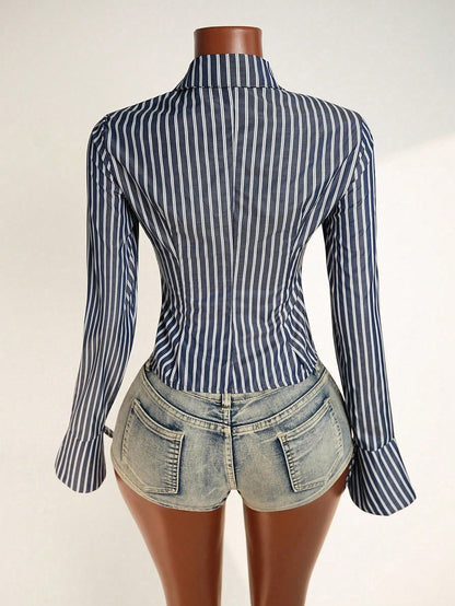Mistrie Women's Striped Lapel Long Sleeve Slit Design Sexy Blouse