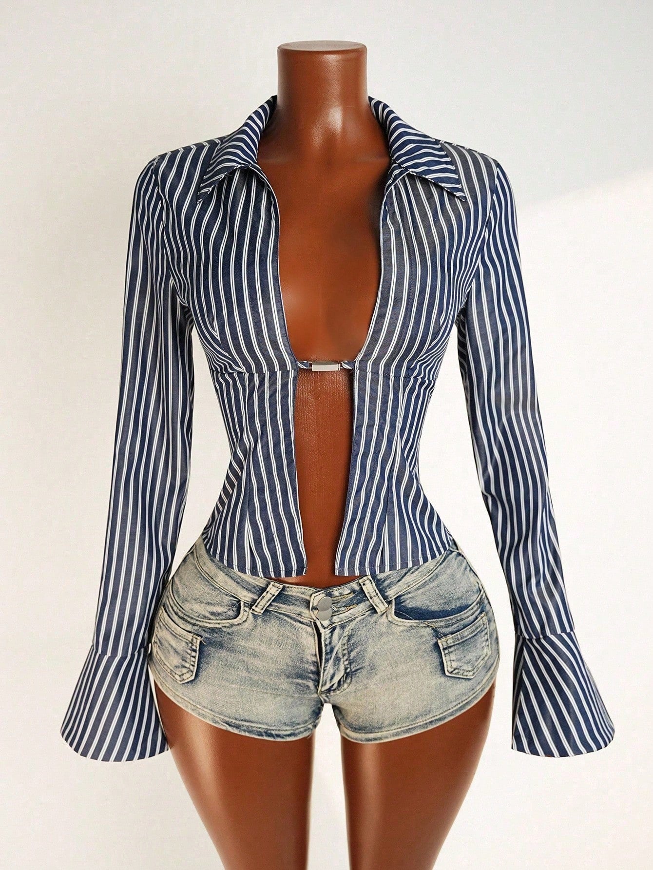 Mistrie Women's Striped Lapel Long Sleeve Slit Design Sexy Blouse