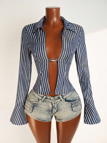 Mistrie Women's Striped Lapel Long Sleeve Slit Design Sexy Blouse