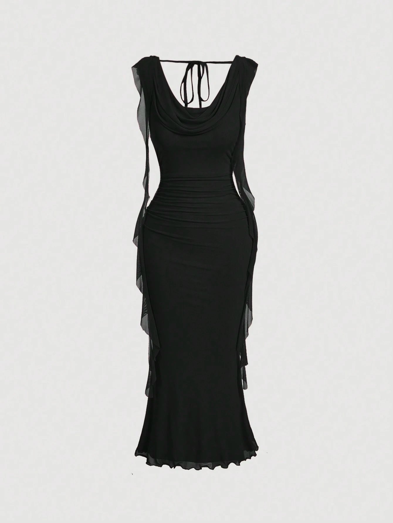 MOD Black Plunging Neck Flowy Tie Waist Cut Out Mid-Length Dress For Women