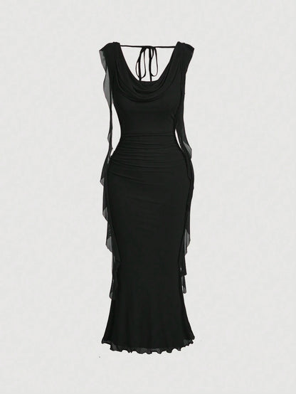 MOD Black Plunging Neck Flowy Tie Waist Cut Out Mid-Length Dress For Women