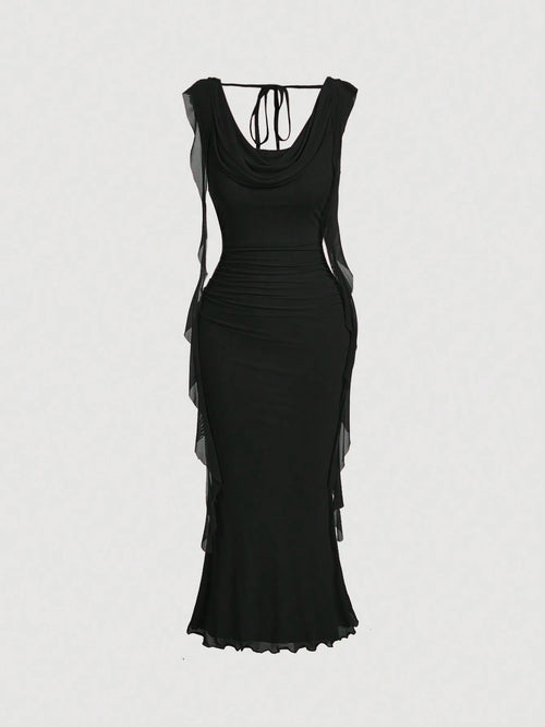 MOD Black Plunging Neck Flowy Tie Waist Cut Out Mid-Length Dress For Women