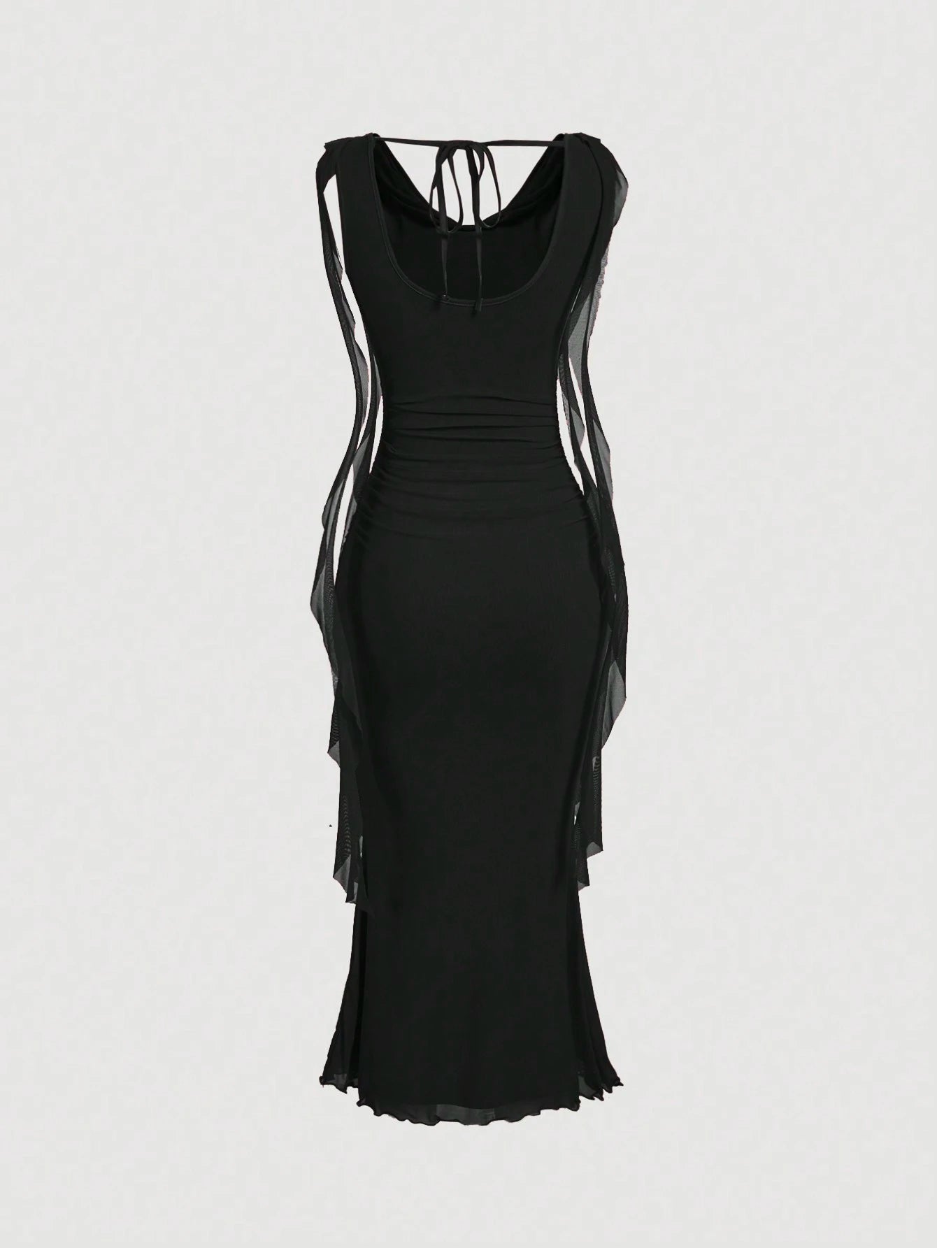 MOD Black Plunging Neck Flowy Tie Waist Cut Out Mid-Length Dress For Women
