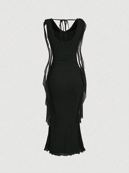 MOD Black Plunging Neck Flowy Tie Waist Cut Out Mid-Length Dress For Women