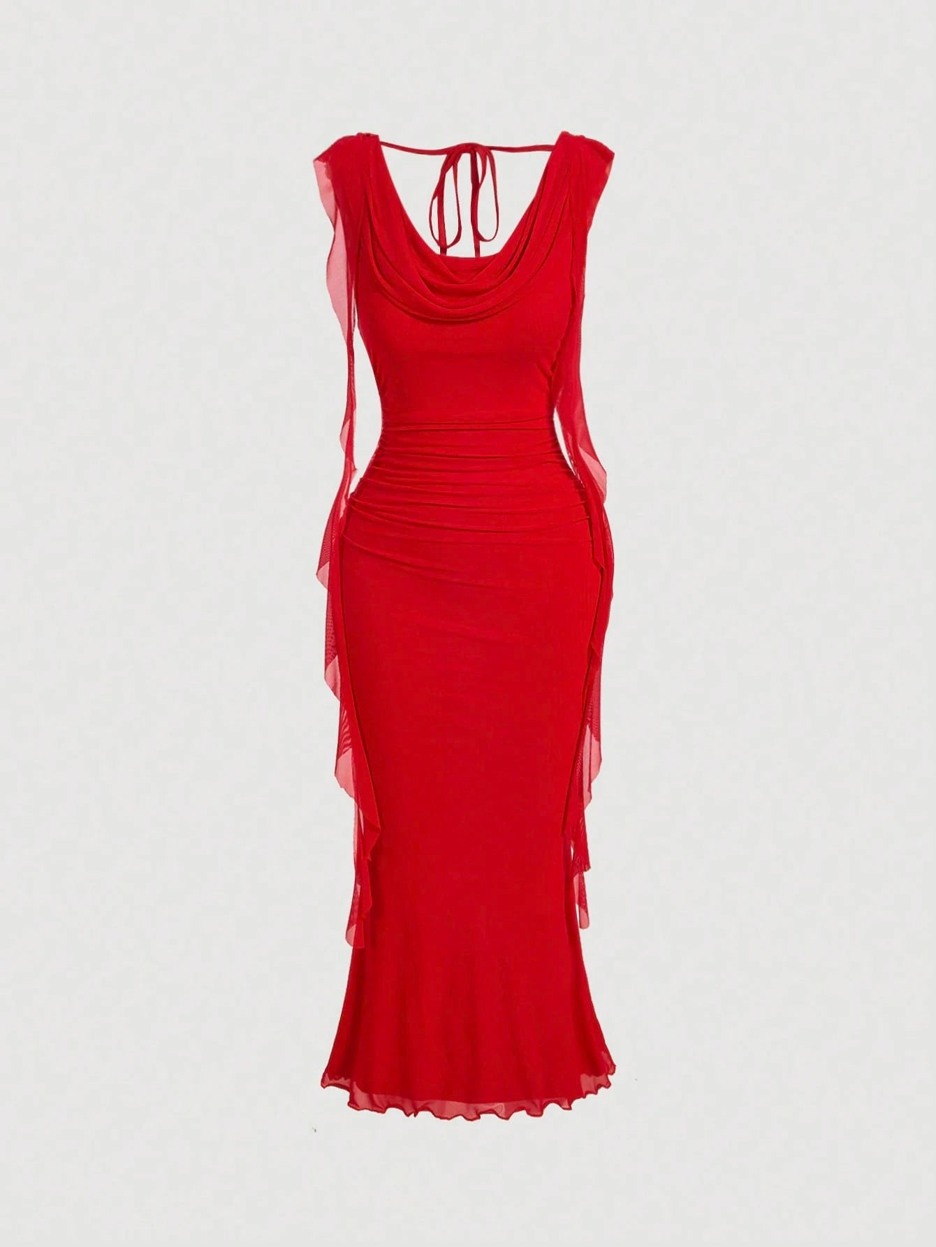 MOD Black Plunging Neck Flowy Tie Waist Cut Out Mid-Length Dress For Women