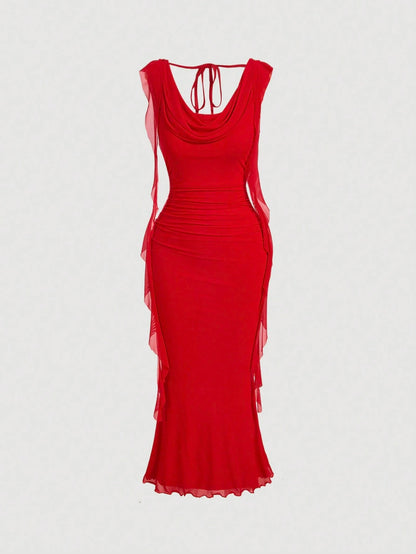 MOD Black Plunging Neck Flowy Tie Waist Cut Out Mid-Length Dress For Women
