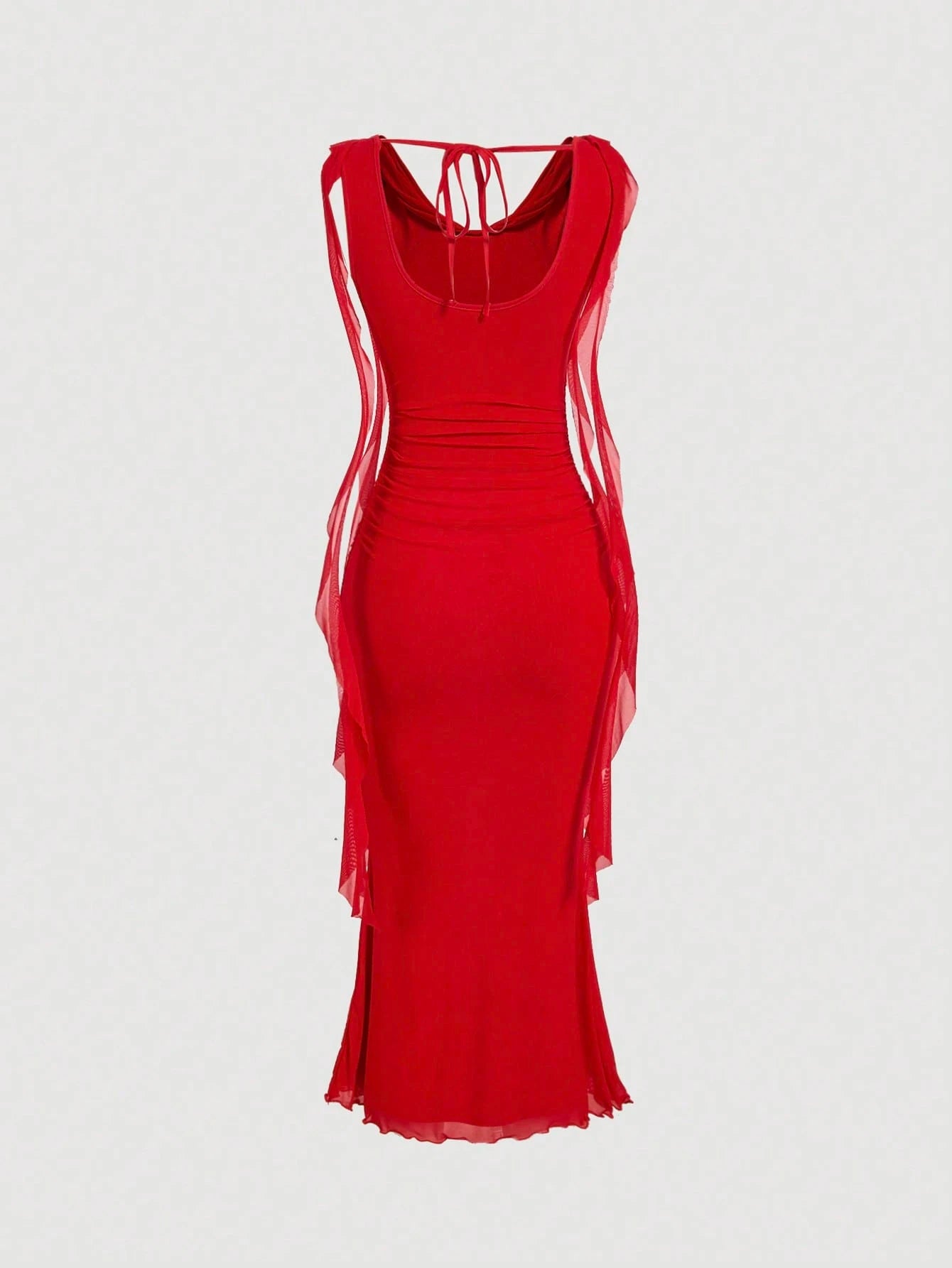 MOD Black Plunging Neck Flowy Tie Waist Cut Out Mid-Length Dress For Women