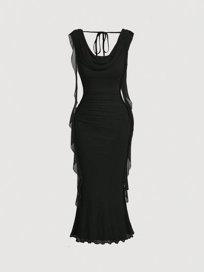 MOD Black Plunging Neck Flowy Tie Waist Cut Out Mid-Length Dress For Women