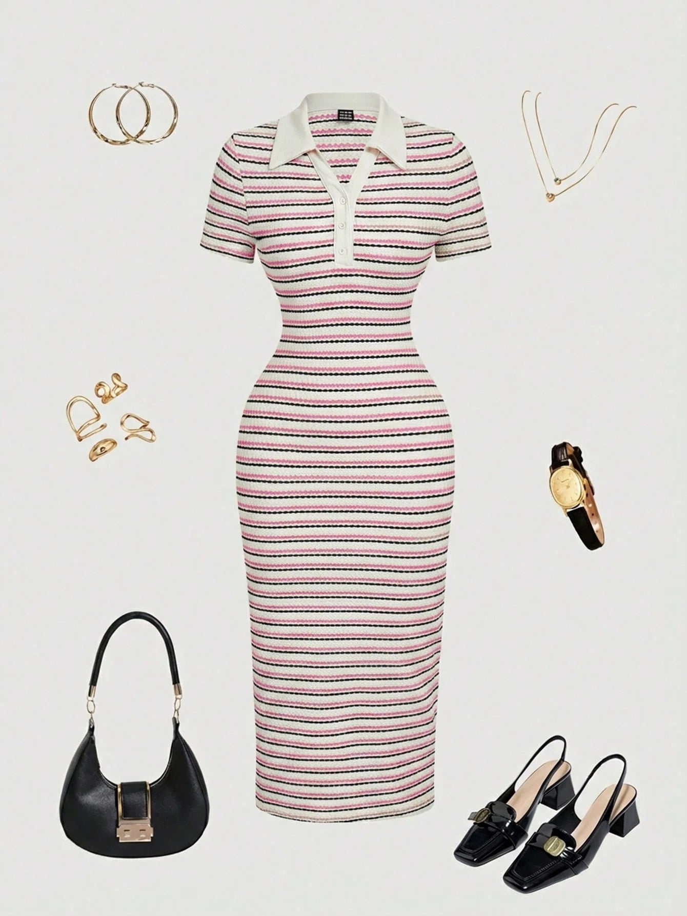 MOD Pink And White Striped,Summer,Elegant And Classy,Brunch Casual Short Sleeve Polo Collar Fitted Mid-Length Dress For Women Picnic Cookout Office Work