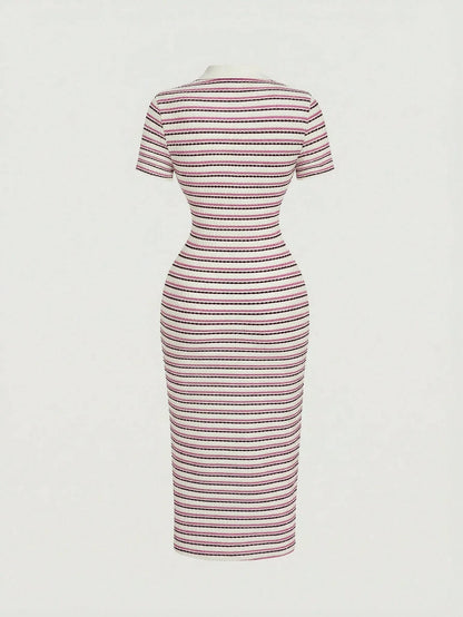 MOD Pink And White Striped,Summer,Elegant And Classy,Brunch Casual Short Sleeve Polo Collar Fitted Mid-Length Dress For Women Picnic Cookout Office Work
