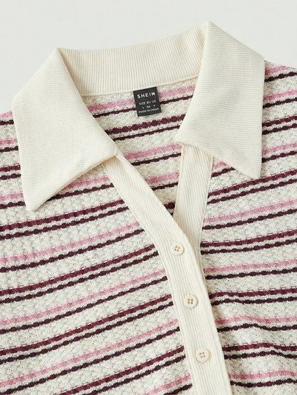MOD Pink And White Striped,Summer,Elegant And Classy,Brunch Casual Short Sleeve Polo Collar Fitted Mid-Length Dress For Women Picnic Cookout Office Work