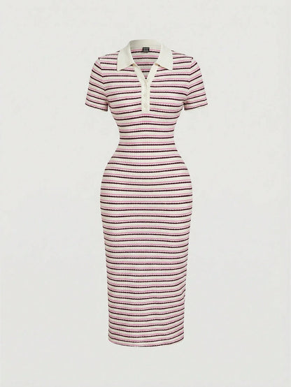 MOD Pink And White Striped,Summer,Elegant And Classy,Brunch Casual Short Sleeve Polo Collar Fitted Mid-Length Dress For Women Picnic Cookout Office Work