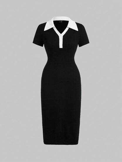 MOD Pink And White Striped,Summer,Elegant And Classy,Brunch Casual Short Sleeve Polo Collar Fitted Mid-Length Dress For Women Picnic Cookout Office Work