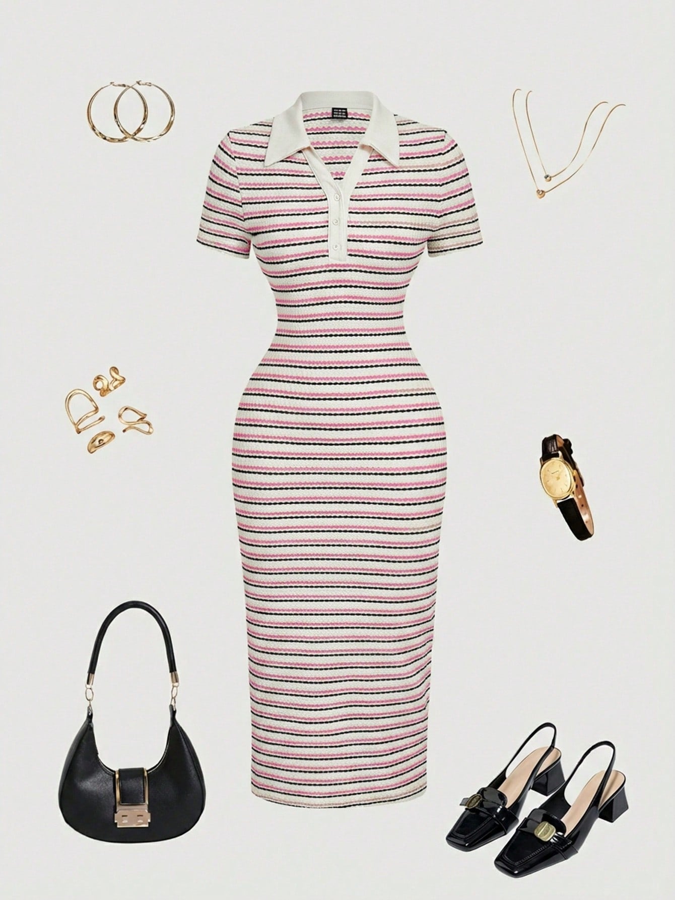 MOD Pink And White Striped,Summer,Elegant And Classy,Brunch Casual Short Sleeve Polo Collar Fitted Mid-Length Dress For Women Picnic Cookout Office Work
