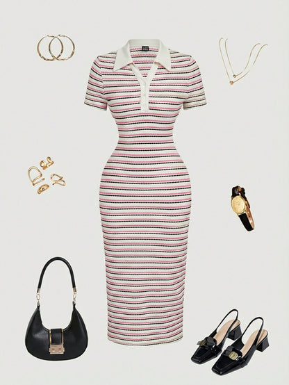 MOD Pink And White Striped,Summer,Elegant And Classy,Brunch Casual Short Sleeve Polo Collar Fitted Mid-Length Dress For Women Picnic Cookout Office Work