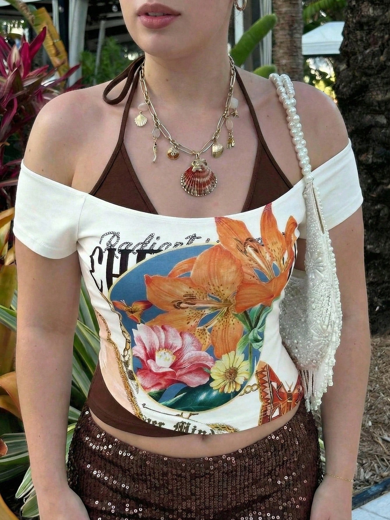 MOD Plus Size 90s Retro Color Block T-Shirt Women,Beige Summer Vacation Holiday 2 In 1 Graphic Tees,Boho Y2K Halter Tops,Western Beach Airport Hawaii Cute