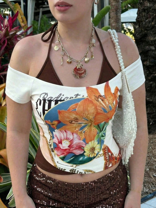 MOD Plus Size 90s Retro Color Block T-Shirt Women,Beige Summer Vacation Holiday 2 In 1 Graphic Tees,Boho Y2K Halter Tops,Western Beach Airport Hawaii Cute