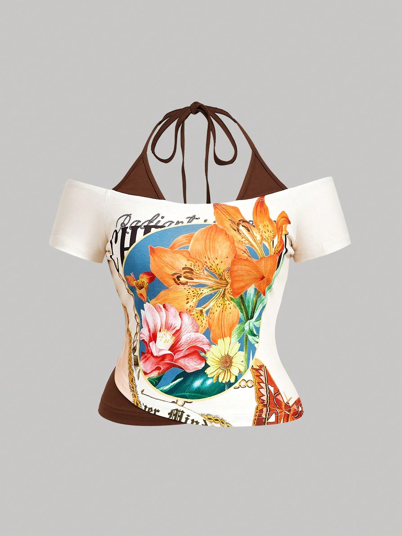 MOD Plus Size 90s Retro Color Block T-Shirt Women,Beige Summer Vacation Holiday 2 In 1 Graphic Tees,Boho Y2K Halter Tops,Western Beach Airport Hawaii Cute