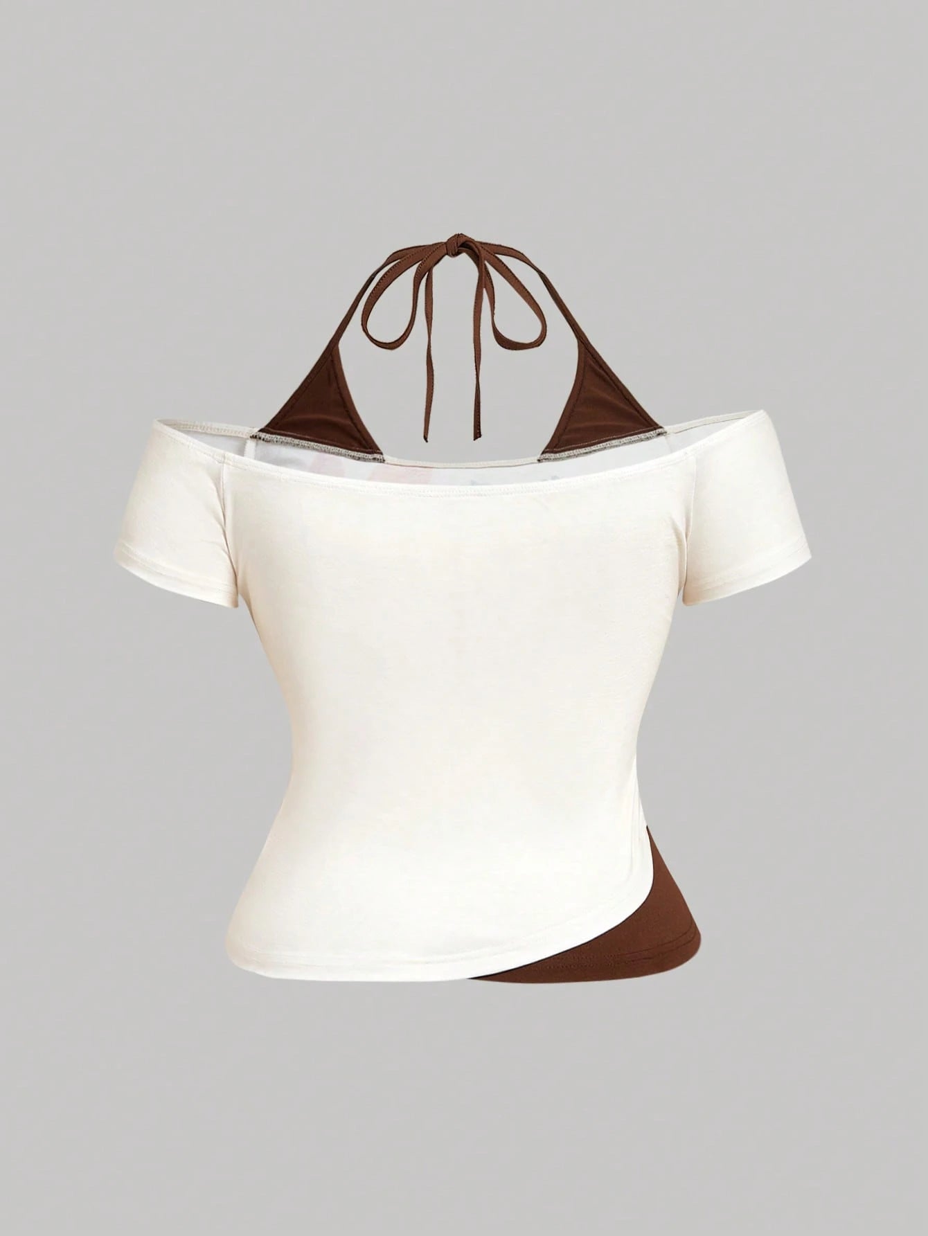 MOD Plus Size 90s Retro Color Block T-Shirt Women,Beige Summer Vacation Holiday 2 In 1 Graphic Tees,Boho Y2K Halter Tops,Western Beach Airport Hawaii Cute