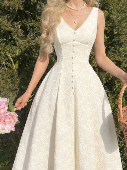 MOD Women's Chic Creamy Jacquard Sleeveless Button Midi Dress,Elegant,Vacation, Formal, Graduation,Junina,Tea Party,Garden Party,Country,Retro,Prom,Summer