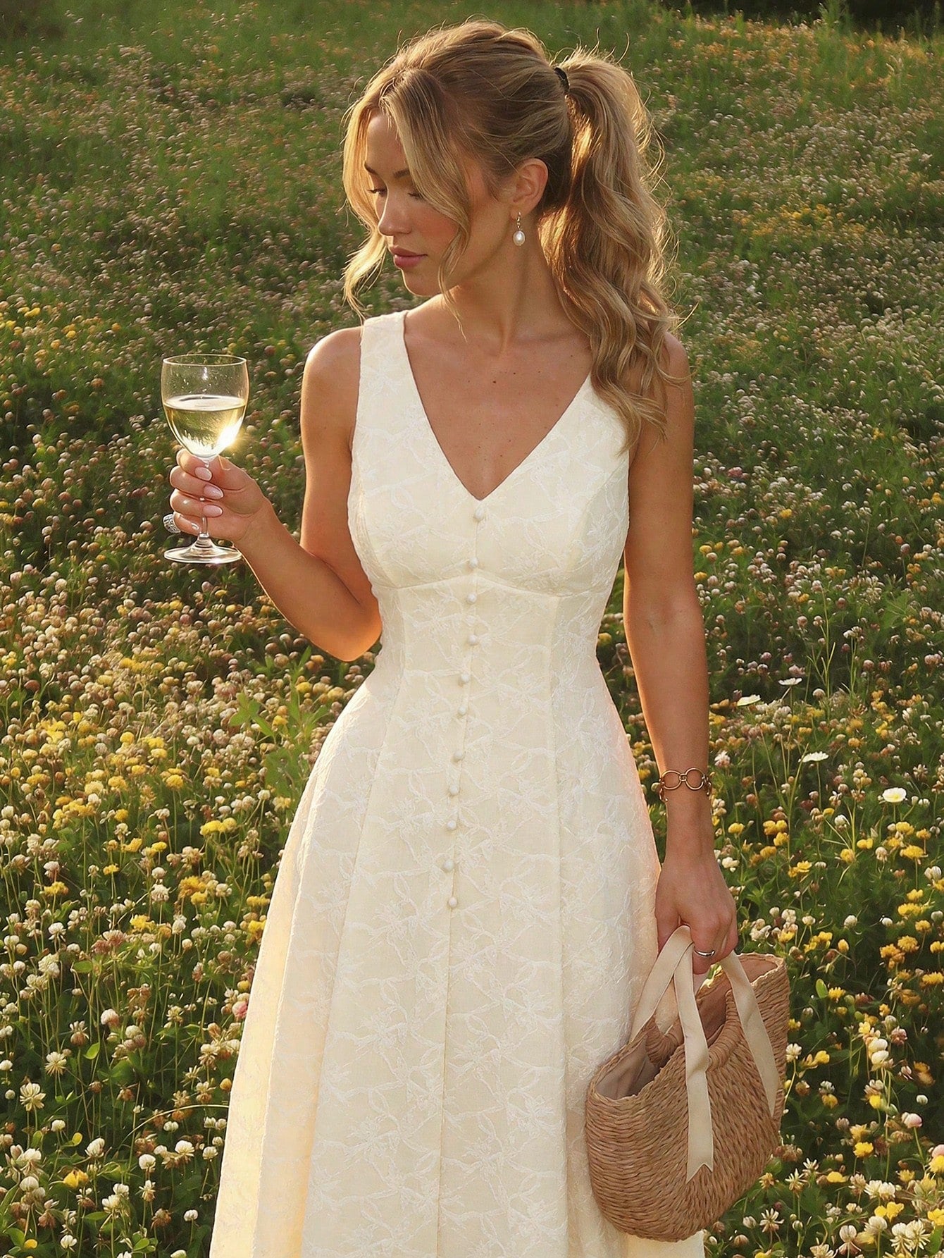 MOD Women's Chic Creamy Jacquard Sleeveless Button Midi Dress,Elegant,Vacation, Formal, Graduation,Junina,Tea Party,Garden Party,Country,Retro,Prom,Summer