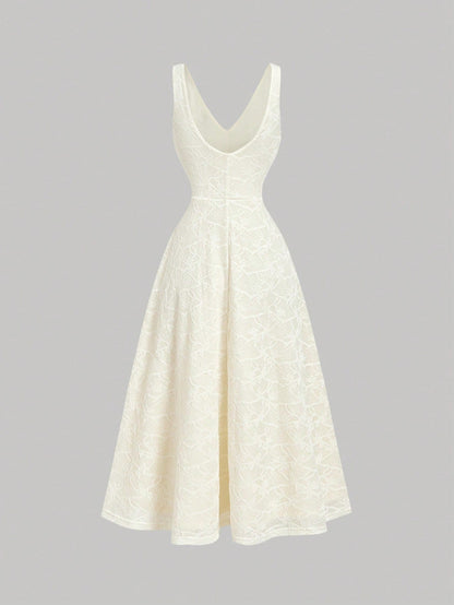 MOD Women's Chic Creamy Jacquard Sleeveless Button Midi Dress,Elegant,Vacation, Formal, Graduation,Junina,Tea Party,Garden Party,Country,Retro,Prom,Summer