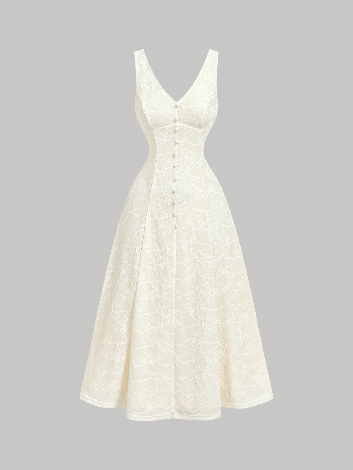 MOD Women's Chic Creamy Jacquard Sleeveless Button Midi Dress,Elegant,Vacation, Formal, Graduation,Junina,Tea Party,Garden Party,Country,Retro,Prom,Summer
